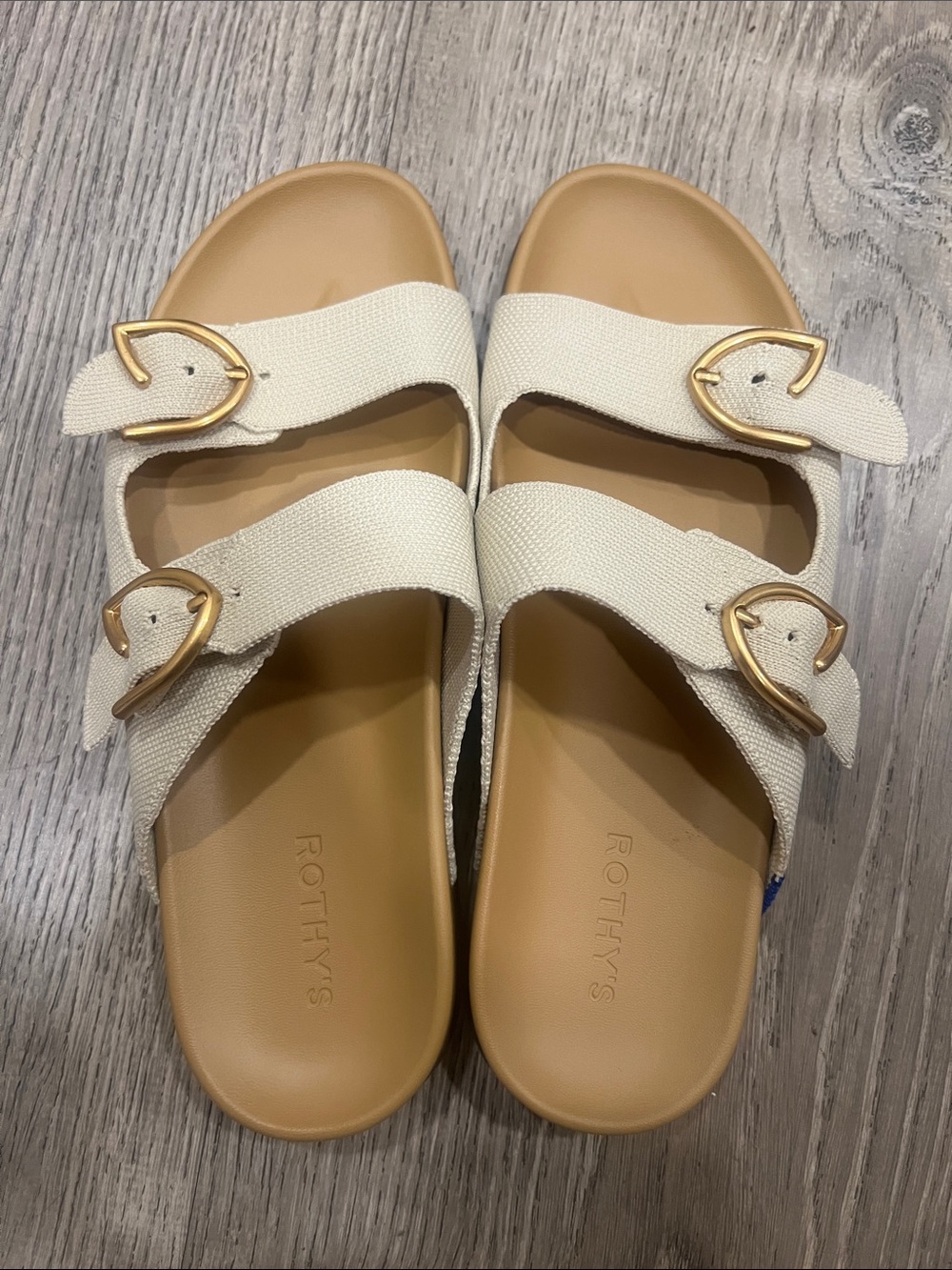 Rothy's Cream Double-Buckle Slide Sandals with Gold Buckles